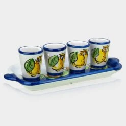 Limoncello Ceramic Glasses And Ceramic Tray Hand-Painted Set Of 4: Artisan Limoncello Glass Set