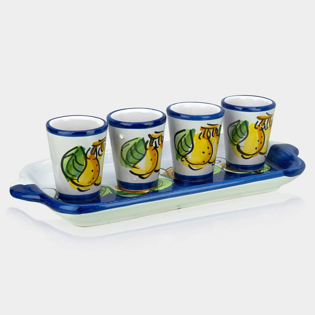 Limoncello Ceramic Glasses And Ceramic Tray Hand-Painted Set Of 4: Artisan Limoncello Glass Set 3 Limoncello Ceramic Glasses And Ceramic Tray Hand-Painted Set Of 4: Artisan Limoncello Glass Set